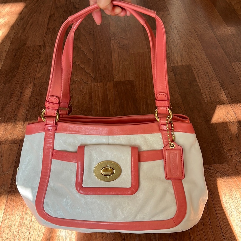 COACH Cricket Smooth Leather Medium White with Coral Pink Trim Shoulder Handbag